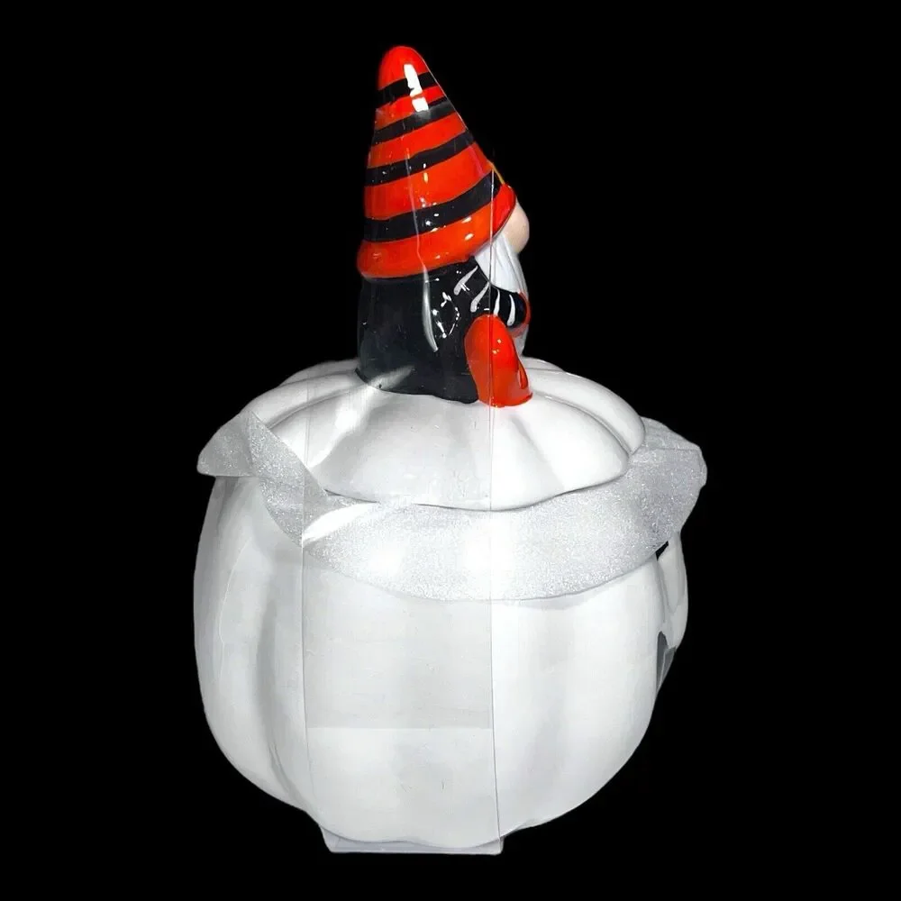 Haunted Manor Gnome On White Pumpkin Jack O Lantern Canister Cookie Candy Jar